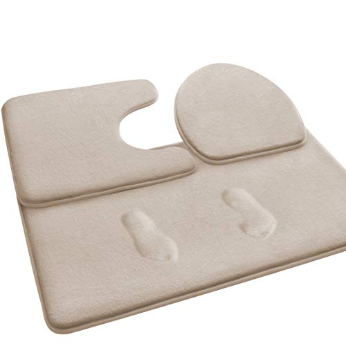FEELSO Memory Foam Bath Mat Set, 3 Piece Bathroom Rugs Non Slip and Absorbent Mats, 20x31 Inches Floor Mat, 20x22 Inches U-Shaped Contour Rug and Toilet Lid Cover for Tub Shower & Bath Room, Beige