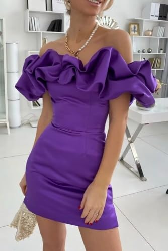 Off Shoulder Homecoming Dresses 2024 Ruffles Satin Sheath Pleated Short Mini Prom Cocktail Graduation Dresses2