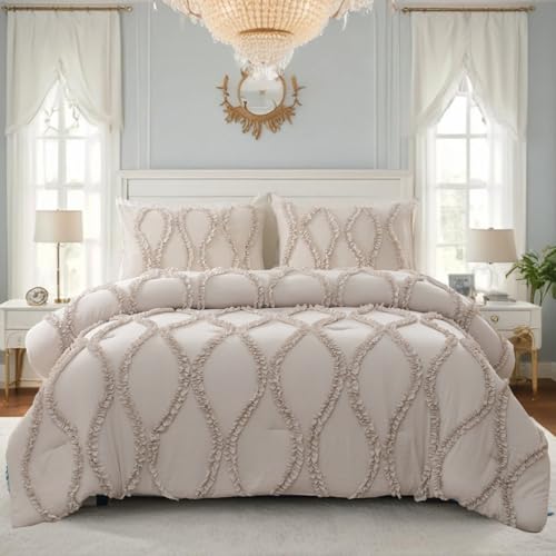 Bedbay Ruffle Comforter Queen Size,Country Farmhouse Bedding Sets,Ruffled Queen Shabby Chic Comforter Bed Set Beige Grey 3 Pcs Ruffle Bedding for Women Girls(Tan Beige,Queen)