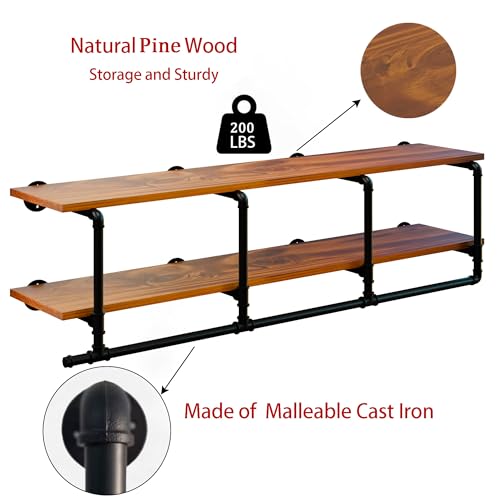 TEDIDUWA Wall Mounted Clothes Rack 12 Inch Deep, 60 Inch Heavy Duty Garment Rack with Real Brown Wood Shelf, Multi-Purpose Hanging Rod & Space-Saving Closet Storage Organizer by TEDIDUWA - Used condition - US$99.54