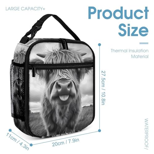 Highland Cow Black And White Printed Backpack with Lunch Box Bag Pencil Case Pouch 3pcs Daypack Set for Women Men4