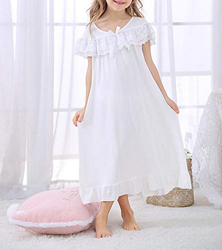 Chung Toddler Little Big Girls Modal Nightgowns Soft Princess Short Sleeve Round Square Neck Long Sleep Dress Vintage… (100, White 890) #TOP1