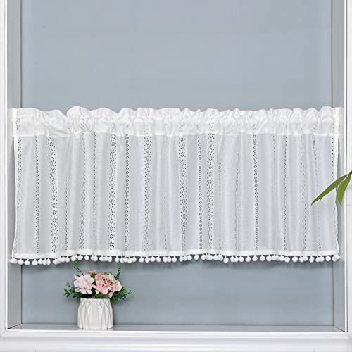 ArtisticHome Bistro Romantic curtains - Vertical Pattern Net Lace Curtains with Cute Pompoms,Half window Short Festival Valance for Bedroom,W 150 x D 60 cm