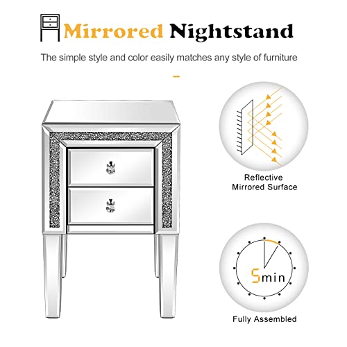 Image of VINGLI Mirror Nightstand with Drawer, Silver Mirrored Glass End Table, Crushed Diamond Glitter for Small Spaces /Bedroom /Living Room