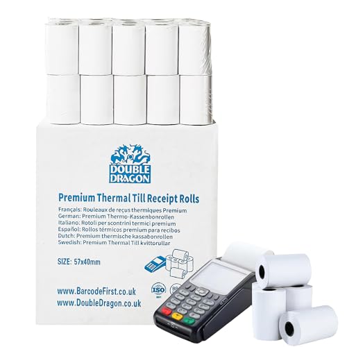 100 Rolls Double Dragon 57 x 40 mm Premium Thermal Paper Till Receipt Roll for PDQ Credit Card Machine POS & EPOS