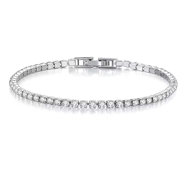 SALVE Dainty Silver Stone Princess Simple Tennis Chain Bracelet for Woman | Rakshabandhan Gifts for Sister | Stainless Steel, Tarnish Free Jewellery, Fancy Girls Bracelet Stylish