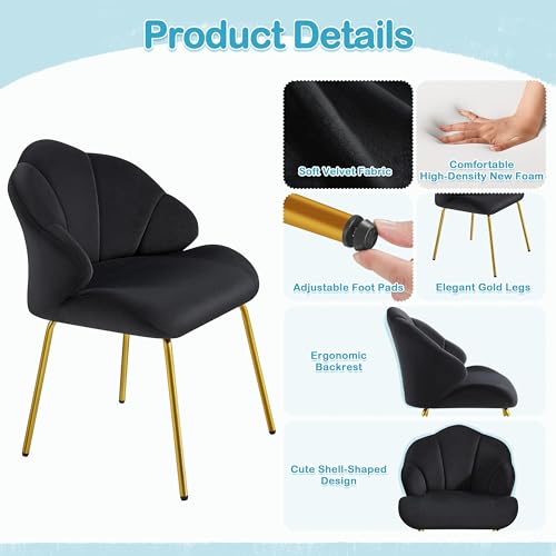 Image of Yaheetech Vanity Chair, Velvet Accent Chair with Shell-Shaped Backrest, Modern Armchair with Gold Metal Legs for Dressing Room /Bedroom /Living Room, Black