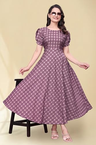 Image of Women's A-Line Crepe Maxi Dress | Stylish Fit and Flare Dress with Round Neck Short Puff Sleeves for Casual Wear