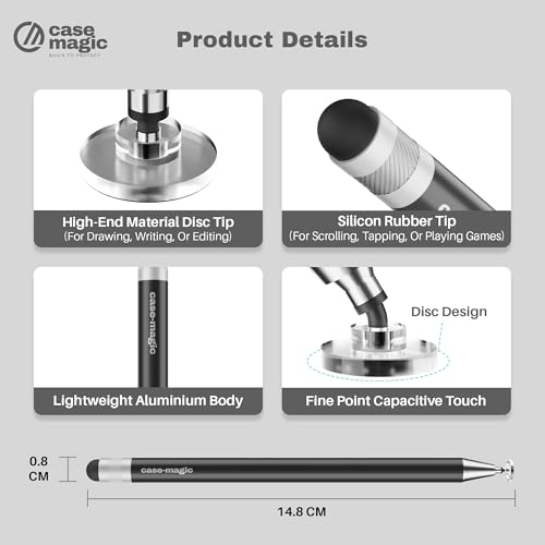 Image of 2 in 1 Universal Stylus Pen with Fine Point Disc Tip+ Rubber Fiber Tip| for Smartphone /Tablet /iPad /Pro /Air /iPhone /iOS /Android /All Touch Screens| Aluminum Body (Black)