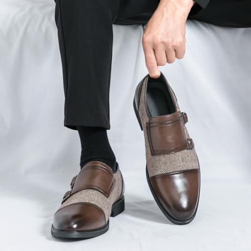 Mens Retro Two Tone Patchwork Leather Slip-On Monk Strap Oxfords Dress Shoes Low Top Round Toe Non-Slip Casual Shoes for Comfortable for Work Office Dress2