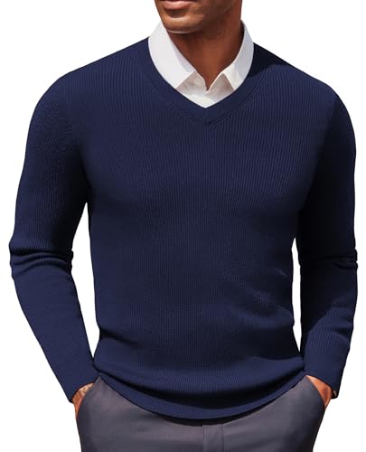 PJ PAUL JONES Mens Lightweight Sweater Ribbed Long Sleeve Sweaters Casual V Neck Knit Textured Pullover Business Office Work Navy Blue M