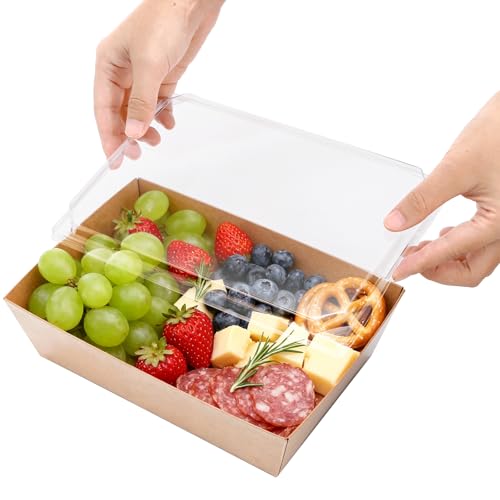 Image of Hiceeden 50 Pack Charcuterie Boxes with Clear Lids, 8.4 inchx5.7 inchx2.8 inch Paper Bakery Dessert Sandwich Box, Disposable Large Food Containers for Cookies, Donuts, Muffins, Salad, and Pastry, Brown