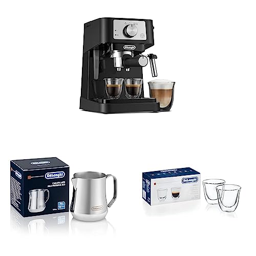 De'Longhi Stilosa Manual Espresso Machine, 13.5 x 8.07 x 11.22 inches & Stainless Steel Milk Frothing Pitcher, 12 ounce (350 ml), 12 oz & Double Walled Thermo Espresso Glasses, Set of 2