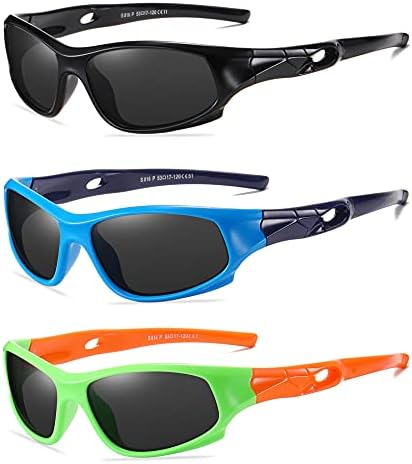 DYLB 3 Pack Flexible Kids Polarized Sunglasses For Boys Girls With Strap, Sport Sunglasses for Children Age 3-10. (Black+Blue Dark Blue+Green Orange)