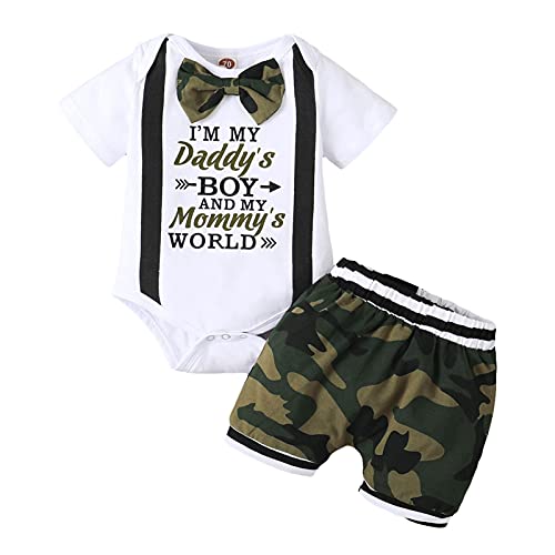 Image of Viworld Baby Boy Gentleman Clothes Infant Boy Bow Tie Short Sleeve Letter Romper Camo Shorts Set Summer Outfit (Camouflage, 3-6 Months)