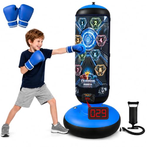 CROTDRM Punching Bag for Kids, Inflatable Boxing Bag with Electronic Scoring, Lights, Music & 4 Training Modes, Boxing Set with Gloves & Air Pump, Birthday Gifts for Boys & Girls 4-12