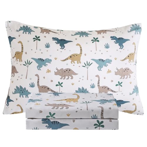Vinogusto Twin Size Bed Sheets for Boys Kids - 3-Piece Jurassic Dinosaur Bedding Set Breathable Light Grey Dino 3D Fitted Sheets with 14 Deep Pocket Ultra-Soft Lightweight Bedroom Essentials