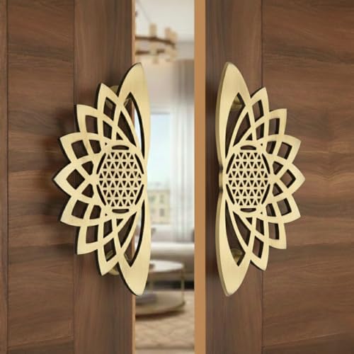 Image of Lotus Door Pull Handle | Traditional Indian Design | Stainless Steel SS 304 | Brass Antique Finish | Pooja Door, Home & Outdoor Decor (6 Inch)