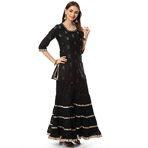 Image of BIBA Women Cotton Straight Embroidered Suit Set