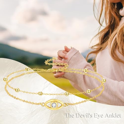 Image of POPLYKE 925 Sterling Silver Double Layered Chain Evil Eye Daisy Sunflower Butterfly Anklets for Women Holiday Beach Crystal Ankle Bracelet Dainty Evil Eye Jewelry