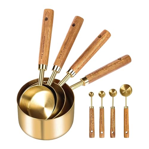 Messbecher und Löffel Set - Esslöffel zum Messen | Edelstahl-Messbecher & Löffel | 8-teiliges Holzgriff-Set | Genauer Teelöffel & Esslöffel für Back- und Kochzutaten