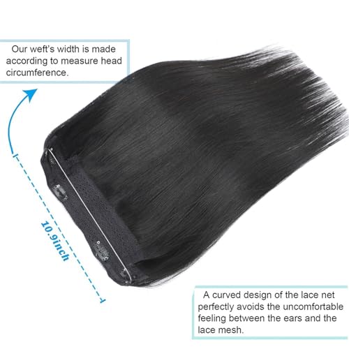 Extensiones de cabello humano negro azabache liso de una pieza con clip e hilo invisible 4