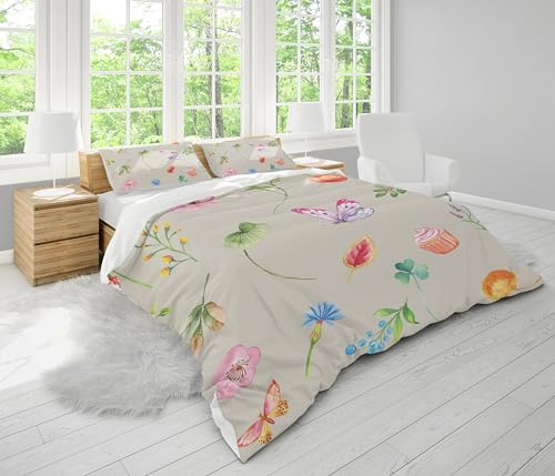 Housse de couette fleurs papillon 220x240 colorée avec taies