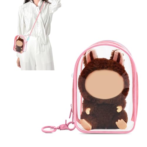 Image of NZNDB Protective Case for Plush Doll, Clear Hanging Display Cases, Crossbody Doll Storage Bag, PVC Storage Case Cover for Figures, Dolls (Pink)