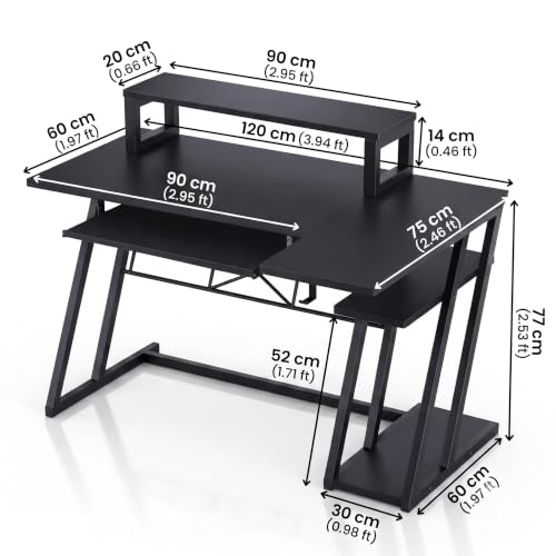 Image of Gaming Desk with Monitor Stand | Computer Table for Home & Office | Ergonomic Study Table with Keyboard Tray CPU Stand & Headphone Hook (Black) |120x60x90 cm