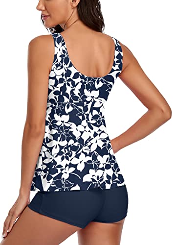 Omichic Women's Modest Tankini Two Piece Tank Top Shorts Tummy Control Swimsuit, Navy & White Floral, X-Large #TOP2