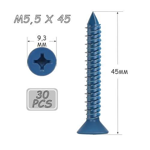 DAYALO Betonschrauben Senkkopf mit Kreuzschlitz M5,5 x 45, 30 Stück Betonschraube Verzinkt mit Bohrer und Schrauberbit für Mauerwerk, Beton, Architektur, Industrie (Blau)