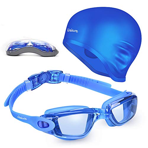 Uniswim Swimming Goggles Swim Cap Set, Professional Swim Goggles for Women Men No Leaking Anti Fog UV Protection Clear Wide View, Solid Silicone Swimming Cap for Adults Long Hair Waterproof Cover Ears - Blue