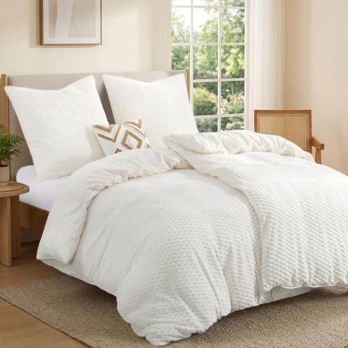 Winter Flanell Bettwäsche 135 x 200 4teilig Warm Plüsch - Weiß, ÖKO-TEX | Flauschig 3D Weiss Winterbettwäsche 2er Set mit 2 Kissenbezüge 80x80 cm, Kuschelig Bettbezug mit Reißversc