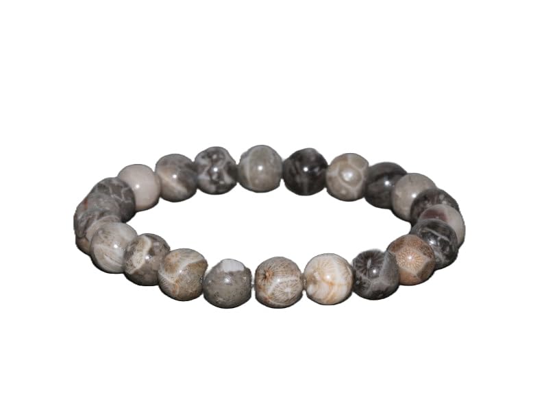 Natural Petoskey Stone Gemstone round 8mm smooth 7inch Beads Stretchble bracelet crystal healing energy stone bracelet for Women & Men Adjustable Size