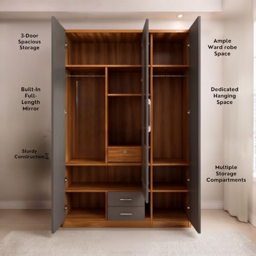 Image of 3 Door Wooden Wardrobe for Bedroom, Grey & Natural, 75x44x19 Inch