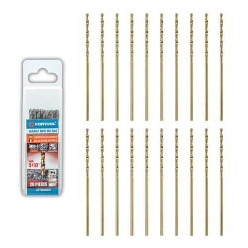 CORTOOL 3/32 inch Cobalt Drill Bits (20Pcs) M35 HSS Metal Jobber Length Twist Drill Bit Set for Hard Metal Stainless Steel Iron Copper Aluminium Brass Plastic & Wood