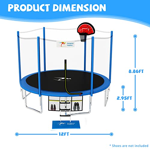 Kangaroo Hoppers Trampoline for Kids, 12 FT Trampoline with Basketball Hoop, Safety Enclosure Net - 2023 Upgraded Kids Outdoor Trampoline - TUV & ASTM Tested, 1500LBS, Blue - Thumbnail 6