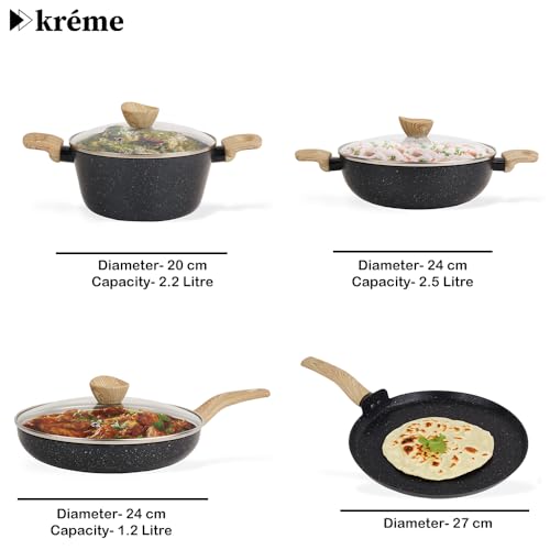 Image of Kreme Venetia Premium Series Granite Non-Stick 6 Pc Cookware Set | Kadai with Lid, Frypan, Dosa Tawa and Sauce Pot | Granite Coating | Induction & Gas Stove Use | Healthy Low-Oil Cooking, Grey