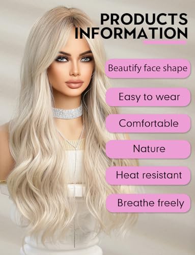 WOKESTAR Long White Blonde Wigs for Women Synthetic Hair Wig with Curtain Fringe, average - Image 4