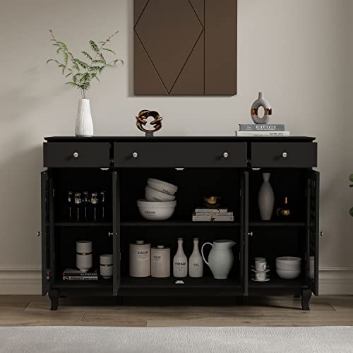 Didugo Black Sideboard Buffet Cabinet With Drawers & Glass Doors, Sideboards And Buffets With Storage, Wooden Credenza With Adjustable Shelves, Wooden Legs, For Kitchen (55.1”W X 15.7”D X 35.4”H) #TOP7