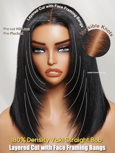 Image of Sunber Yaki Straight Bob Layered Cut with Face Framing Layers 7X5 Lace Part Bob Wig Human Hair Bye Bye Slip Glueless Wig with Silicone Strips Drawstring 180% Density Bleached Knots Pre Plucked 12inch