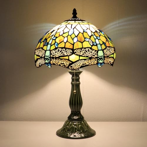 MQYXH Tiffany Lamp Stained Glass Table Lamps Amber White Dragonfly Style Desk Lamp 12X12X18.5 Inch Bronze Ceramic Base Reading Light Suitable for Bedside Bedroom Living Room Dining Room Office