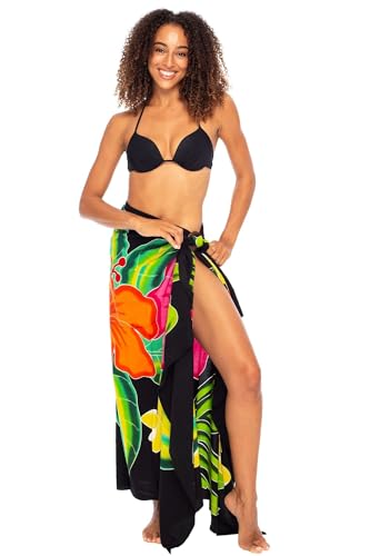 Back From Bali Womens Sarong Coverup Hand Painted Flower Swimsuit Wrap Skirt Beach Pareo with Coconut Clip (Hibiscus Black)