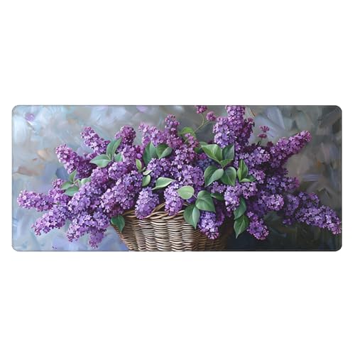 Image of Purple Flower Oil Painting Extended Gaming Mouse Pad, with Stitched Edges Large Mouse Pad Desk Protector, Rubber Base Mousepad Keyboard Mouses Mat for Work Game Office Home- 32 inch X 12 inch Inch