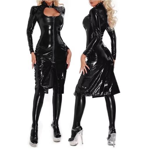 Vestido de látex de cuero con cremallera para mujer, cuello alto, manga larga, tallas S-4XL