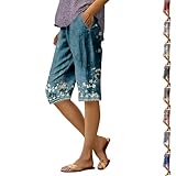 Womens Shorts Casual Summer Plus Size Knee Length Linen Bermuda Shorts Loose fit Boho Print Beach Short with Pockets Linen Pants Women Beach Fashion Lightweight Long Short Summer Outfits for Women