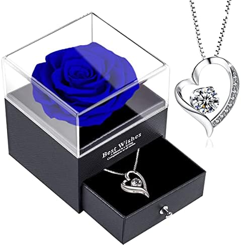 Forever Blue Rose Gift Box with Necklace - Real eternal rose with 925 Sterling Silver women necklace inside,Enchanted Real Rose Flower for Valentine's Day Anniversary Wedding,Romantic Gifts for Her,Mother's Day Gift.