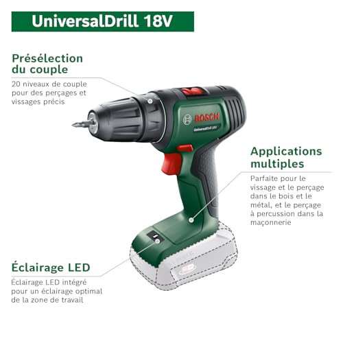 Bosch perceuse-visseuse sans fil UniversalDrill 18V (1 batterie, système 18 V, livré avec deux embouts de vissage et coffret)