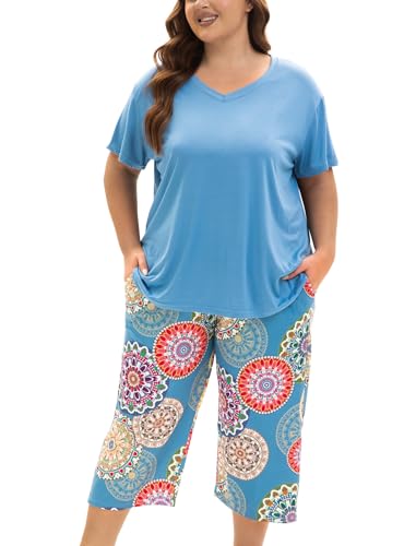 MUKVIK Plus Size Pajamas for Women Set, Womens Plus Size Short Sleeve V Neck Capri Pants Pajama Sets...
