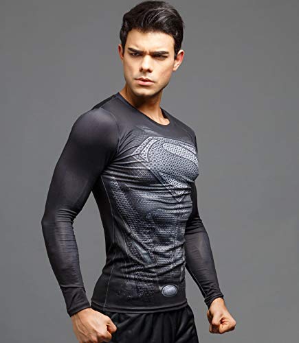Camiseta masculina de compressão esportiva Cool Super Person Running manga comprida Red Plume, Preto